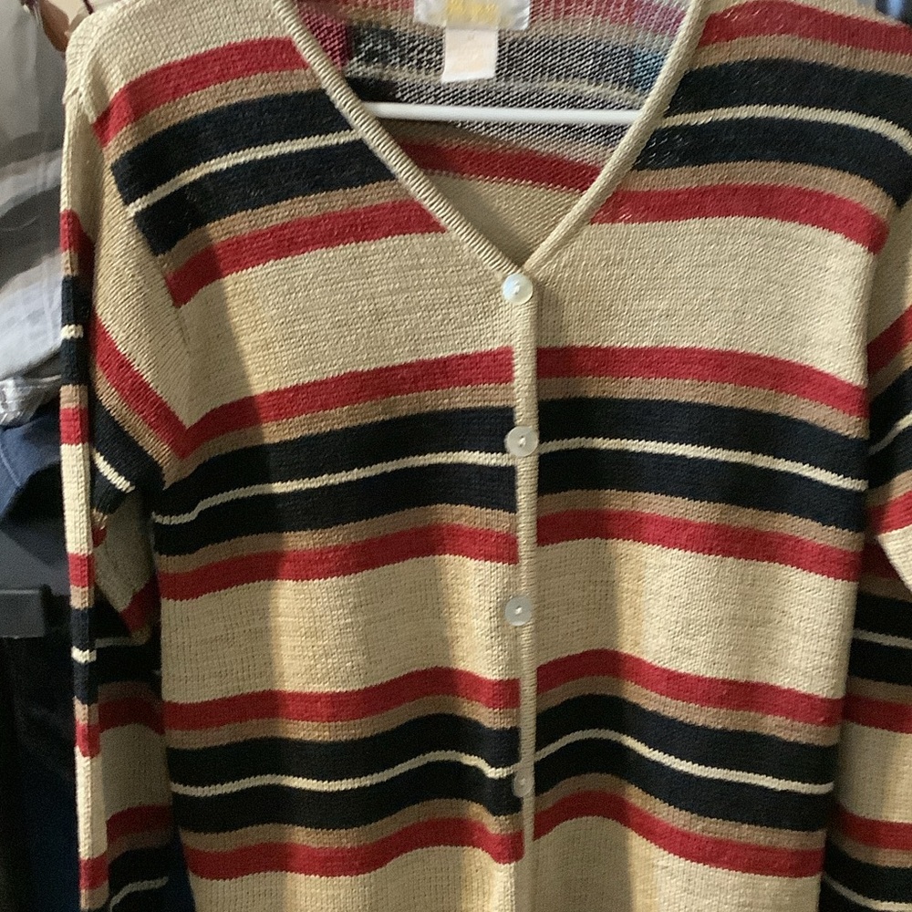 Tally Ho‎ Striped V-Neck Cardigan - Red, Black, Cream